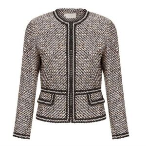 Hobbs London Plaid Tweed Short Suit Jacket Size 4 Black White Peach Wool Blend